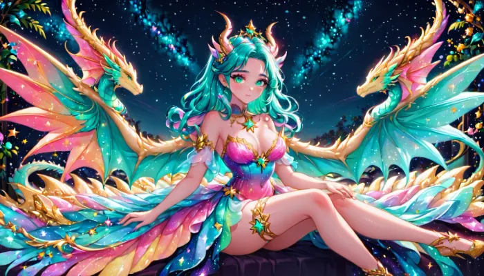 1a girl is sitting in a beautiful pose, with turquoise neon hair and hiding behind large beautiful ornate wings, next to a dragon, against the background of the starry sky, glitter stars, powdery shades, high resolution 5d surrealism