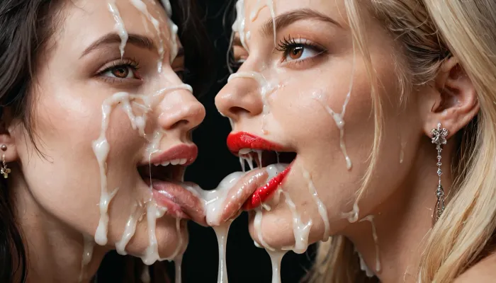 Close-up, (Side view), 2 mature woman, 1, white man, 2 blonde girls, (Macro photo), (close up), (russian), (detailed brown eye), (detailed iris), (eyes wide open), (the eyes are smiling), surpised, long smooth black hair, full lips, red lipstick, moth's full of cum, licking the cum out from there lips, excessive cum on tongue, excessive cum dripping from tongue, excessive cum on face, excessive cum on lips, excessive cum dripping from chin, man with a huge erection, cum dripping from penis, after sex, black background.