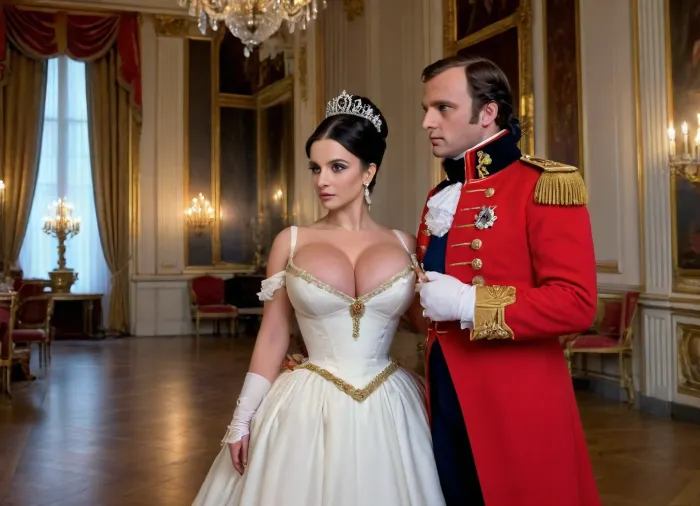 uber realistic image, fullcolor image, full body view, 8K quality, ultra detailed, masterpiece, ((Napoleon Bonaparte and Josephine)), dressed as a general in Napoleon's army, in the ceremonial hall of Versailles, grabbed a woman by the breast, a woman in an 18th century French ball gown with an extremely deep neckline, (she has black hair), no nipples, extreme cleavage, side view, whole body in frame, whole body visible, large, breasts, big, boobs, huge, tits, <lora:bombshell_v2:2>