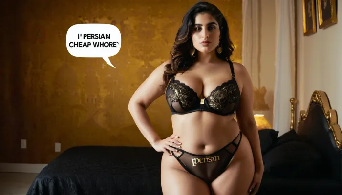 A full body image of a white Iranian curvy slut, in black and gold lingerie, A white speech bubble above her head with clear and legible black text that says, 'I'm Persian cheap whore"