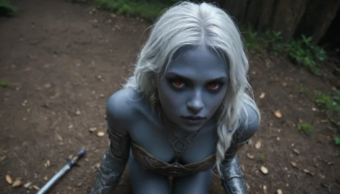 masterpiece, detailed, slender 40yo woman, (dark blue skin:1.5), long white hair in a scrunchie, big red irises eyes, toned, naked, toned legs, arrogant look, feminine wide square face, blue lipstick, wide shot, medieval fantasy setting, whole body in frame, long toned legs, armor on her shoulders and legs, sword in hand, view from above, drow, <lora:RPGDrowXL:.5>, <lora:339100_training_data:.8>, hkstyle, <lora:hkstyleV5:.3>