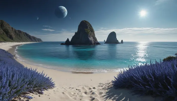 future, incredible landscape, planet, (another planet), (blue plants), ocean, beach