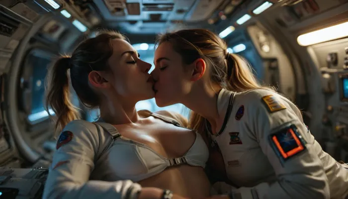 full body view of 2female astronauts on a space ship, enjoy lesbian oral sex in weightlessness surrounding, (casual kissing nipples by hovering above the ground:1.5), (easily positionable bodies in weightlessness:1), (long detailed hard nipples:1.3), (((hovering bodies:1.5))), ((floating bodies in zero gravity)), (((weightlessness))), slender and athletic body, blonde long hair, Blue eyes, (flat-chested:1.2), (wearing white space uniform:1.4), (half pulled down uniform pants:1), (body floats weightlessly horizontal in middle of room), highly detailed futuristic huge captain sleeping place on spaceship, LED lamps, low light, different screens, futuristic technic, (supernova outside window), cinematic, (masterpiece, detailed), orgasmface, highly detailed, breathtaking, panoramic, but, mad-2cbrrm, mad-1cbrrm, (3D, Framed, Woman), Macabre, cunnilingus, 2girls, girl, licking, pussy, upside, down, one, face, <lora:MJ52:1.1>, <lora:BUT_SDXL_SHS:1.1>, <lora:Neon_Cyberpunk_Cyberarm_SDXL:1.7>, <lora:Cunnilingus XL:.8>, <lora:face_upsidedown:1.7>