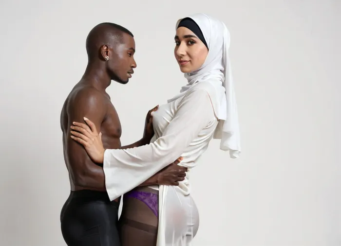 1girl, 1boy, 29yo, (Asian girl), is getting groped by, (black man), Asian woman, thick body, milf, hijab, white robes, studio, photoshoot, ((black man)), interracial, (purple brief underwear), realistic skin, ((groping)), (pantyhose), (small tight ass), studio lights, green screen, (standing), movie set, modeling