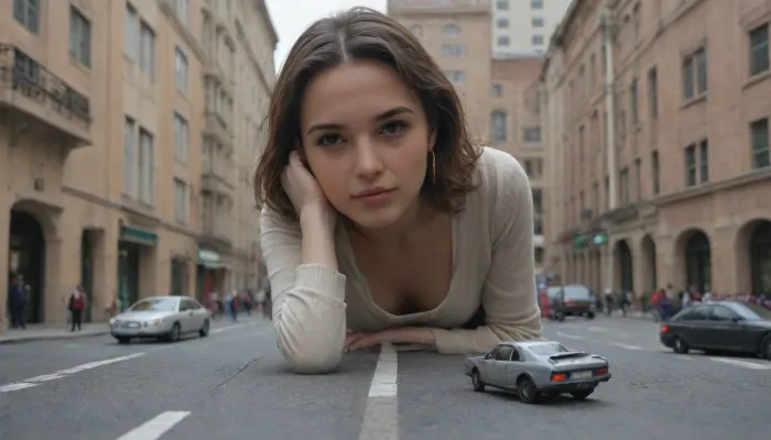 Cinematic POV, 35mm wide angle, golden hour. Giant picks up Tesla, pedestrians run, lora, 344546_training_data, 1.5>, giant, miniature, person, cramped, cybertruck, <lora:loha_giants_shrinks-tokens_see_civitai_page-0.8_weight-by_AI_Characters:1>, <lora:Cybertruck-XL:1>