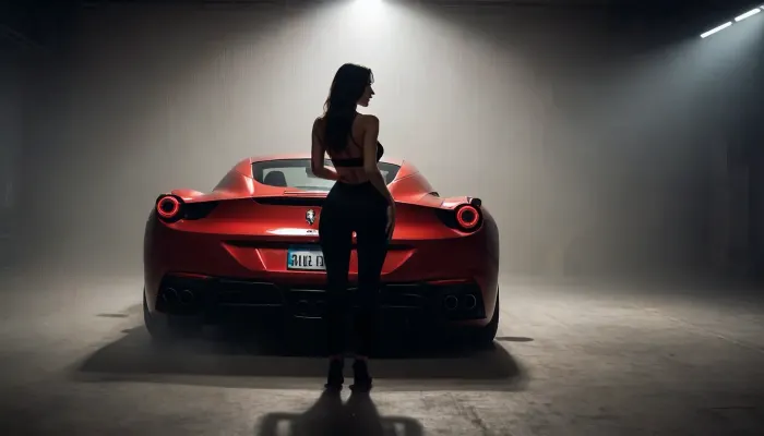 Image of a woman, silhouette, slim body, big breasts, sexy . Dark background creating the impression of fog. sport car. Ferrari, shine on the girl from behind
