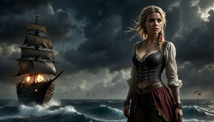 14 century, full body view of a solo beautiful 19 years old flat-chested slender female pirate being on pirate sailing ship, (working on wooden pirate sailing ship:1.6), blonde dreadlocks, wears highly detailed typical pirate clothing from the 14th century, a headscarf under the pirate hat, open dirty cotton shirt, red vest with embroidery, coarse brown rolled-up trousers, bare midriff, brown leather boots, large earrings, full-body tattoos, holds pirate saber, black storm clouds, surprised, she looks up at a huge round and illuminated spaceship which flys far away through the clouds, (highly detailed Spaceship flies above the ocean:1.6), surreal situation, burning pirate sailing ship in background, photorealistic, cloudy, smoke, atmospheric, clouds, fog, <lora:Super_Eye_Detailer_By_Stable_Yogi_SDPD0:.4>, <lora:BUT_SDXL_SHS:.4>, <lora:888698_training_data:1.2>, <lora:dark:.1>, <lora:Cloudy_Style:.7>