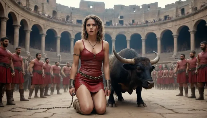 Epic cinematic scene in an ancient Roman colosseum, dramatic atmosphere, a young woman prisoner on her knees in chains, distressed expression, wearing simple beige torn dress, messy hair, intense look, two Roman soldiers in red tunics and armor with metallic bracers holding chains, behind her a massive black bull with sharp horns, huge crowd in the background watching from stone arches, dusty arena floor, ultra realistic, high detail, cinematic lighting, masterpiece, 8k