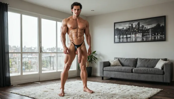 Polaroid. Photorealistic. Male. One man. Solo. luxurious carpet in foreground. Character in distance. Character at back of room. Whole room view. Panoramic. View from distance. erect hard cock. erect curved glistening oiled cock, one 22yo angry aggressive toned german thug man, savage man, whole body in view, barefoot, black cropped hair, (standing in luxury Dubai hotel sitting room, big window), (skintight black stretchy clingy latex thong), topless, ((muscular bully man)), cruel bully, expression of hatred, ((10inch erect penis)), aggressive hateful expression, hard cock sticking out the top of his thong, bare legs, erect cock, oiled shiny glistening cock, veiny cock, realistic cocks, big testicles, cum on cock, cum dripping from cock, low dim light, cum dribbling down shaft of cocks, cum on balls, looking, at, viewer, <lora:looking_at_viewer:.8>, 4ng3l, face, <lora:SDXL_BetterFaces-LoRA_v1:.8>, <lora:add-detail-xl:.8>