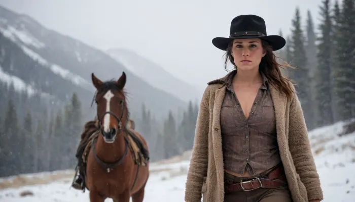 Cinematic photo of a gorgeous busty female Wild West gunslinger walking her horse through rugged Montana mountain terrain in a blizzard, most of her clothes are missing so she she is nude except for a torn flannel shirt and her hat, dramatic exciting photo, confident gaze, swagger, 8K, incredibly detailed, bokeh, The, Hateful, Eight, film, style, <lora:The Hateful Eight film style:2>