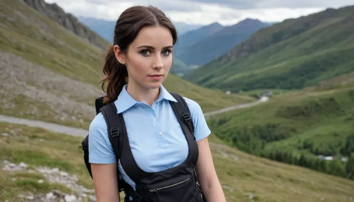 ((28 yo, photon)), ((group 3 woman)), (photon), blue eyes, pixie hair, (angle jawbones), (black hair, light blue eyes, perfect eyes), serious expression, big hips, round ass, big butt, low angle jawbone, nice nose, big ass, bubble butt, middle breast, bulletproof vest and trousers, ((mini backpack on back)), ((long ponytails hair, brown hair, hostler, black short pants, small shirt, boots, in montain))