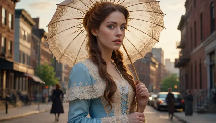 Cinematic, ultra-realistic, hyper-realistic, golden hour, 35mm, 19th-Century New York at sunset, bright day, billowing clouds. Beautiful woman dressed in Victorian lace, blue eyes, (holds a parasol), long brunette hair, (walking between buildings), woman looks at the city, thoughtful, (saturated, colors)