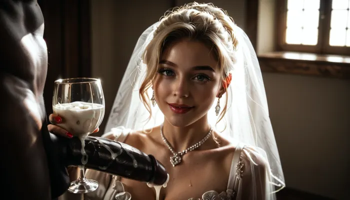 (((UHD 8K, masterpiece, best quality, maximum details, natural lighting, extreme realism))), score_9, score_8_up, score_7_up, score_6_up, professional colored photography, raytracing, highres, ((super detailed professional photo)), masterpiece, photorealism, DSLR camera, best quality, best resolution, with UHD resolution, perfect composition of light and shadow, sharp focus, depth of field, perfectly detailed skin texture, perfect detail, interracial, very large black penis, The happy white blonde bride in sexy wedding dress, cum driping bride's chain' cum driping from black penis, drinking sperm from transparent cup, there is glossy and sticky sperm in cup, cup full of sperm, cum swallowing, ((gokkun)), cum dripping from the corners of her lips, <lora:671410_training_data:.8>, <lora:dark:.5>, <lora:677862_training_data:.8>