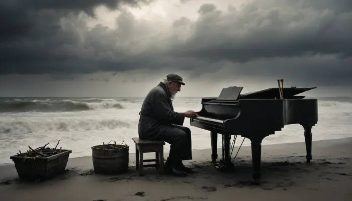 Monochrome, wide angle image at beach, (storm surge:1.4), a North German crab fisherman, 80 years old, (realistic old fisherman:1.5), sits on the North Sea and plays the grand piano, smoking wooden pipe, Black, and, white, art, black, shading, charcoal, toned, brutal, dark, b/w, color, scheme, cloudy, smoke, atmospheric, clouds, fog, <lora:Black and white art.V1:1.4>, <lora:Cloudy_Style:1.3>
