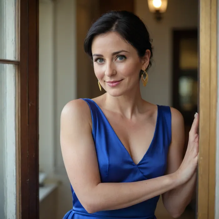 view on window with "love U" written on it and heart drawed on that window. Beside the window a 40 years old woman, no makeup, short black hair, blue eyes, smiling, dressed with silk dress, large gold loop earrings