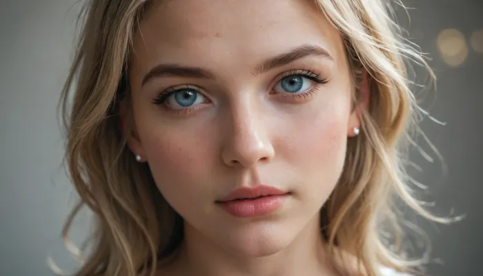 Photographic portrait in a realistic style. Adult woman aged 25–30, blonde. Medium-length silky hair with a light, voluminous styling. Slavic appearance with balanced features, neat nose, blue eyes, fair skin with subtle freckles. Lips of medium fullness with a barely noticeable glossy sheen. Expression is gentle yet confident, direct gaze into the camera. Framing, head and face only, (tight close-up), neutral background with soft bokeh. Lighting is soft and sculpting, emphasizing hair and skin texture. High detail, 8K resolution.

Shooting parameters, full-frame camera, 85mm lens, f/2 aperture, ISO 100, softbox + reflector.

Negative prompt overt sexualization, deep cleavage, heavy Instagram-style filters, excessive plastic retouching, unnatural skin texture, caricature, anime, low resolution.
