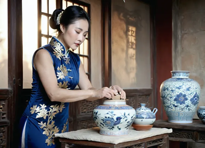 (master potter), (woman), Asian woman, (beautiful face), (makes pots), (works on a potter's wheel:1.3), (creating an elegant vase:1), focused, hands in clay, wearing a traditional sleeveless Chinese qipao dress, (dark blue qipao with gold pattern:1.1), hair tied up, top hairstyle, delicate facial features, (realistic image:1.2), (detailed hands:1.1), next to her on the table are, (white and blue porcelain items from the Yuan dynasty:1.5), (complex details), (ultra-detailed), (photorealistic), (depth of field), side lighting, (golden hour), diffused light, cinematic lighting, (dust particles in the air), warm glow, (in the sunlit courtyard of the Forbidden City:1.2), Chinese architecture, traditional setting, (blurred background), exquisite, (high-quality photography), 8k, professionally shot, natural lighting, skin texture, gugong, chvas, chinese_vase, <lora:681678_training_data:.8>, <lora:gugong:.8>, <lora:Chinese-Porcelain-Vases-sdxl1.0:.8>