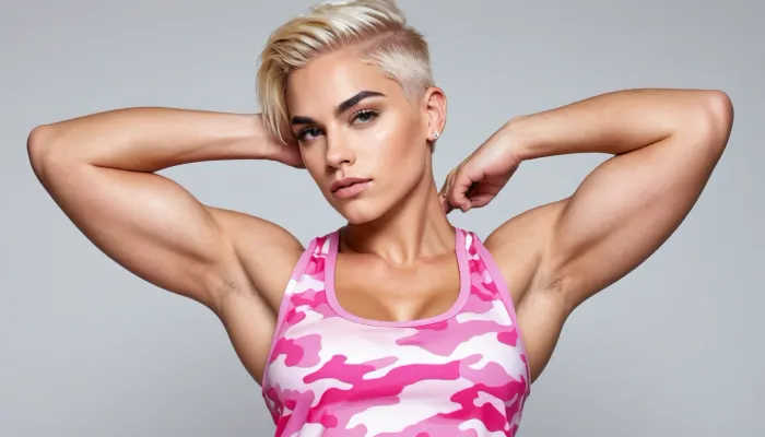 queer non-binary tomboy masculine androgynous girl, very muscular, large biceps, very short shaved blonde hair with undercut, piercings, full-body view, sexy outfit, high contrast, high quality details, armpits, pink camouflage outfit with long pants and muscle tee top, veins, masculine jaw, dominant, muscular shoulders, white plain background, huge fake boobs, thick straight eyebrows
