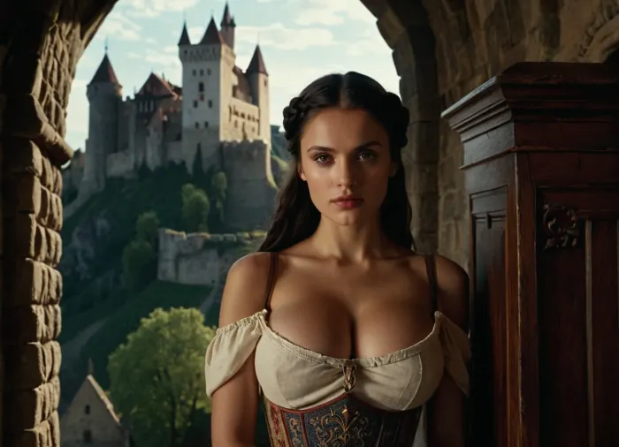 (masterpiece), (highest quality), (detailed eyes), (photorealistic), (realistic), 1 girl, young sexy Romanian woman, medium shot, standing, looking at the viewer, black hair, braided hair, loose hair, historical clothing, half nude, (peasant white undershirt:1.1), (bare shoulders:1.2), (large breasts almost exposed:1.3), ancient Dracula castle, medieval setting, stone walls, (rich wooden coffin near her:1.1), ((tapestry with image of knight hanging behind her)), dark fantasy art, subtle contour lighting, soft light, volumetric lighting, natural light, warm tones, earthy colors, mood, subtle shadows, highly detailed skin, sharp focus, cinematic, 8k, (memorable eyes)