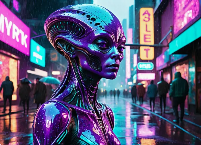 (full shot:1.1), of a, (hyperdetailed alien with metallic skin:1.3), covered in, (glittering vibrant purple, pink, turquoise, and holographic particles:1.4), standing in a, (rain-slicked cyberpunk city street:1.2), at night, (glowing neon signs reflected on wet surfaces:1.1), (futuristic buildings:1), (blurred bokeh city lights:1), distressed film grain, (retrofuturistic atmosphere:1.1), (dark shadows:1), volumetric lighting, dramatic cinematic lighting, vaporwave aesthetic, (synthwave style:1), highly detailed, sharp focus, octane render, concept art, by Ash Thorp and Syd Mead Negative prompt, ugly, deformed, disfigured, poor anatomy, blurry, dull, flat lighting, watermark, text, out of frame, out of focus, duplicate, low quality, bad hands, bad eyes, unrealistic, cartoon, painting, drawing, illustration, grayscale, monochrome