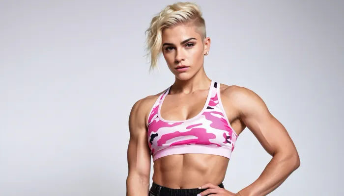 queer non-binary tomboy masculine androgynous girl, very muscular, large biceps, very short shaved blonde hair with undercut, piercings, full-body view, sexy outfit, high contrast, high quality details, armpits, pink camouflage outfit with long pants and transparent top, veins, masculine jaw, dominant, muscular shoulders, white plain background, ((very flat tiny boobs)), thick straight eyebrows