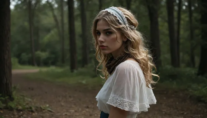 photorealistic, (raw photo:1.3), 85mm profile shot, f/1.8, cinematic lighting, sharp focus, dreary, naturalistic setting, exterior of a small cabin cira 1630's, 1woman, model wears a damp puritan light blue linen shift dress, nipples visible from the damp, her puritan bonnet loose around her neck, (sorrowful gaze:1.4), (repressed expression:1.3), (closed mouth expression:1.3), (24 years old:1.1), (lean:1.1), (ectomorph:1.1), (5'9" height:1.1), (tall stature:1.1), healthy build, (long wavy blonde hair:1.3), center part, voluminous waves, light blonde hair, soft curls, shiny hair, (light blue eyes:1.1), (smokey brown eyeshadow:1.2), winged eyeliner, high cheekbones, natural fair skin, subtle contour, (clear matte lipstick:1.2), defined eyebrows, (shallow depth of field:1.2), DSLR photograph, 4k, insanely detailed, 1600's, era, pilgrim, girl, long, ankle, length, kirtle, skirt, sleeved, shirt, white, wimple, head, scarf, coif, boots, <lora:add-detail-xl:.7>, <lora:EnvyBetterHiresFixXL01:.8>, <lora:dark:.8>, <lora:Anime_Colonial_American_Pilgrim_Style:1>