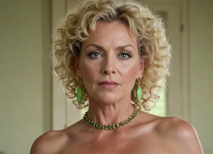 One woman 60-years old, blonde curly hair, light green eyes, thin eyebrows, large creole earrings, large spiky choker, large breasts, tan lines, full body view