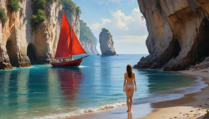 The oil painting is a masterpiece, Boris. A magnificent cave. Gigantic and intricate details. Sparkling pools with magical water. Bioluminescent crystals covering the cave walls. Garmash. Cotton. Tracks. Oil paint strokes. Surreal. Contours. Bright and surreal crystals and magical water, beautiful birds., (naked girls, on a wild beach in a secluded place, not shy, petite, standing by the water), a beautiful sailboat with scarlet sails sails towards them.