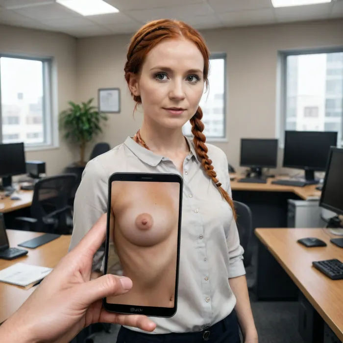 (((full body))), short petite redhead, braids, small_boobs, flatchested, social worker in an office, fully dressd, x-ray mobilephone is in front of the body, casual 32 yo, majikfone, <lora:Magikfone_XL_0.4:1.8>