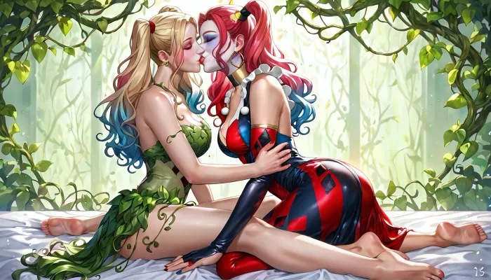 (best quality, masterpiece), (Poison Ivy:1.3), (Harley Quinn:1.3), 1othergirl, sitting on bed, (kissing foot:1.2), (barefoot:1.1), long flowing red hair, (Poison Ivy), blonde pigtails, (Harley Quinn), green leafy costume, red and black jester outfit, indoor, purple ambient lighting, soft focus, detailed eyes, detailed clothing, dynamic pose, gentle smile, **anime style**, **shoujo style**, (highly detailed CG unity 8k wallpaper:1.3), (comic book art style:1.1)