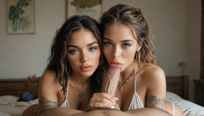 Stunning french blond hippie pale skin pov blowjob, bbc, hippie tattoos and Jewelry, (big round natural saggy boobs:1.4), deep blue eyes, (big lips:1.2), white bikini top, some dreadlocks, thin waist, big hips, underboobs, <lora:igbaddie-XL:1>, <lora:MJ52:.5>, <lora:add-detail-xl:1.3>, <lora:attractive_notrigger:.8>