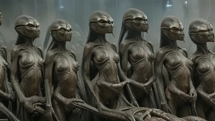 H.R. Giger alien sex, endless pussies in a row being fucked by a row of endless alien dicks.