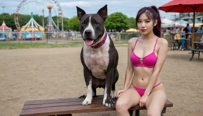 Everything is visible We can both be seen in the frame against the background of the amusement park, am Rex, watching for wanted AI woman., I am an electronic dog named Rex, (.
I serve in the K-9 unit.
I was tasked with finding an escaped AI copy. which created the illegal cybernetic body of a woman who used cloning and nano technology in electronics.
external signs, Asian type aged from 18, ponytail hairstyle with bangs., medium height, long beautiful legs, slightly larger blue eyes, mini breasts with erect nipples with purple halos and pierced nipples with platinum rings, very tight pink pussy also with piercing in the form of platinum rings. make-up with long eyelashes is blue, lush lips are red with a glossy color with a pink outline smoothly turning into red, green eye shadow.
I, Rex, am nearby, observing the object. Completely nakedShe sits on a bench with her legs spread and sucks ice cream), Black, Pitbull, Dog, <lora:Black_Pitbull_Dog:.8>