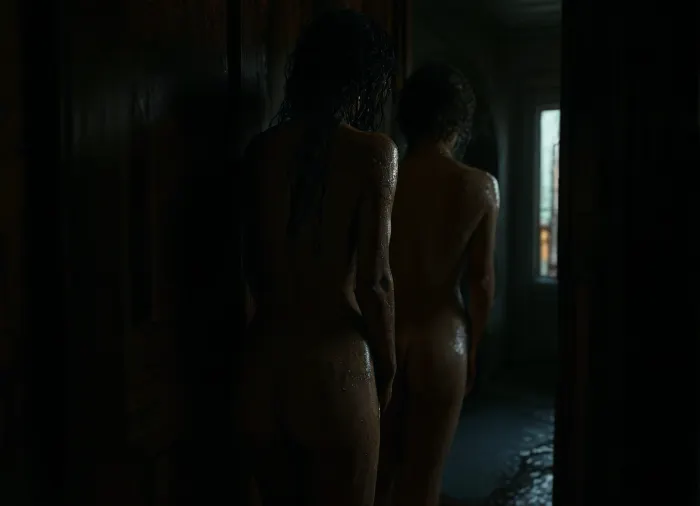 (two girls:1.9), (mother and Daughters:1.9), (Rear view:1.9), Apartment, bathroom, shower background, bathroom background, (horny girl), (horny face), black hair, long hair, wet hair, blue eyes, Thick eyebrows, Ruined makeup, Crying, red lips, Thick lips, (Voluptuous body type), wet body, Water on body, (extrime huge tits), Freckles, Moles, Venous pattern on tits, very hairy pussy, Black nails, (standing leaned on the door:1.5), (wear Bathrobe:1), score_9, score_8_up, score_7_up, (<lora:add-detail-xl:1.75>:1), (<lora:detailed_notrigger:1.75>:1), (<lora:MJ52:.85>:1), (<lora:dark:.45>:.1), (<lora:outline_xl_kohaku_delta_spv5x:1.9>:1)