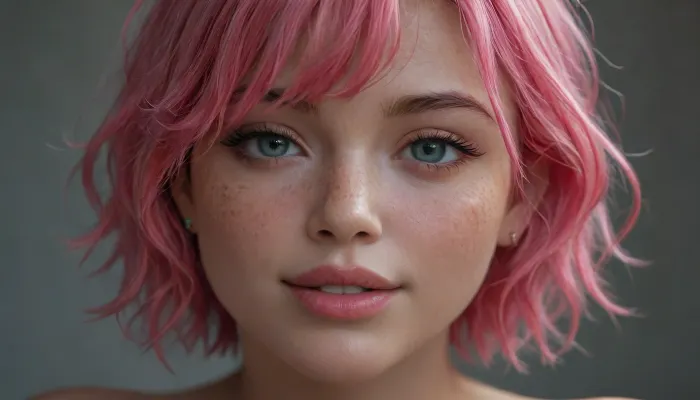 19 years old, Asian girl, slanted eyes, short straight hair, well made up, freckles on the cheeks, prostitute makeup, happy face, provocative face, hrglw, glow, pink neon, long, hair, very, <lora:glowing_hair-000006:.8>, <lora:eGirls_XL_v1:.8>, <lora:LiquidCloud_液流云_SDXL_V1:.8>, <lora:435733_training_data:.8>, <lora:pinkhair_SDXL-000004:.8>