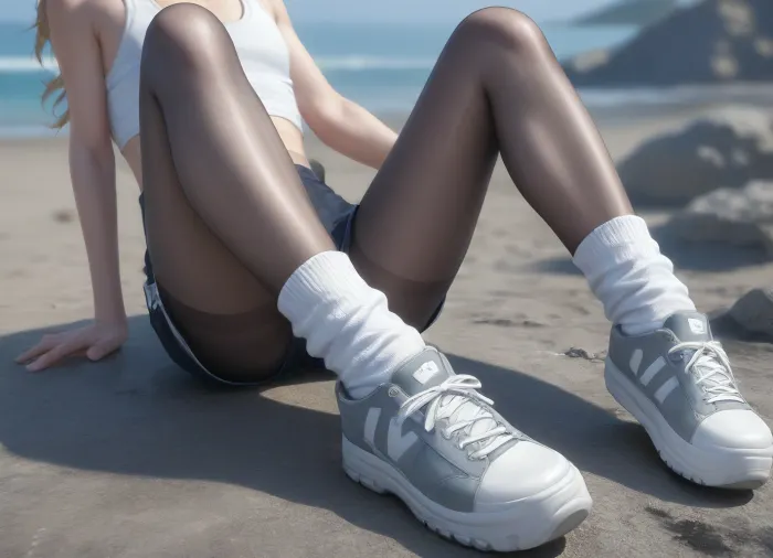 a young 18yo woman of pale white skin, (petite), long blonde hair with slight red ombre effect, velvet perfect soft skin, mode and style influencer, leaning back, editorial picture, displaying a light and casual summer oufit, with sporty shorts, high white socks, white platform sneakers, londsdale tanktop, sitting casually on a rock, close to the beach sore, vintage photo, chromatic aberration, sun flare, washed out, 70s vibe., panntyhose, black, pantyhose, white, flat, chested, <lora:ahxl_v1:.8>, <lora:pantyhose_xl_v1:.8>, <lora:flat_chested_v3.5:.8>