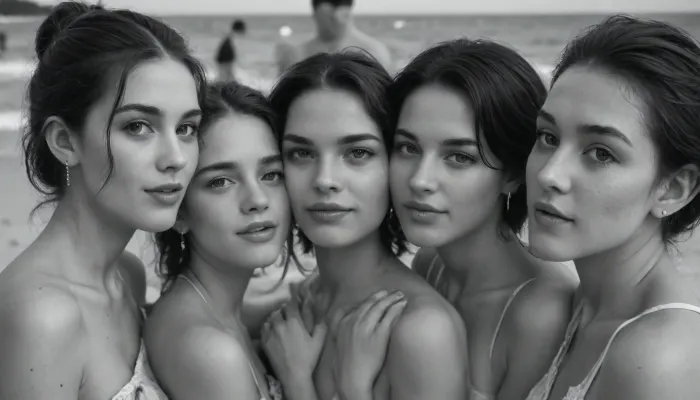 monochrome, young woman enjoys passionate group sex with several older men on the beach, a hidden place in the dunes on the North Sea coast, various perspectives, entire group in frame