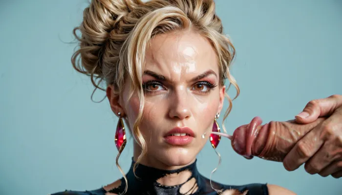 A mother stands in front of her son in torn clothes and matching tights, her face covered in sperm, an angry expression, blonde, brown eyes, 30 years old