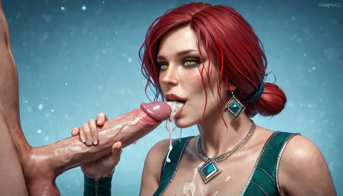 Triss Merigold from The Witcher 3. In an erotic revealing outfit. Sexy, flirting, NEGATIVE_HANDS, sexy woman, realistic female anatomy, pale female skin, masterpiece, sexy female, naughty female, kinky female, kinky and sexual positions, huge emphasis on quality details accuracy and realism in character, lusty female, lustful female, realistic physics, sexiness lust kinky sexual aroused sexual attraction ovulation sexual temptation and beauty of this female is outstanding, medium firm breasts with small areolas. Pronounced freckles. Seductive, erotic, lustful, depraved. Striptease. Sexy posing. Grace, sucking cock. blowjob, cumshot in mouth