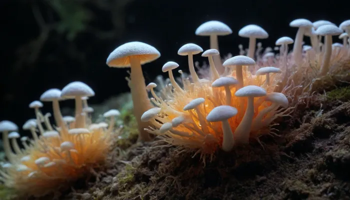 look to microscope macro zoom, (glowing mycelium, mushroom storm), miracle, rainbow light circeled in open universe, orbit, rainbow storm, rainbow fire, rainbow air, rainbow earth