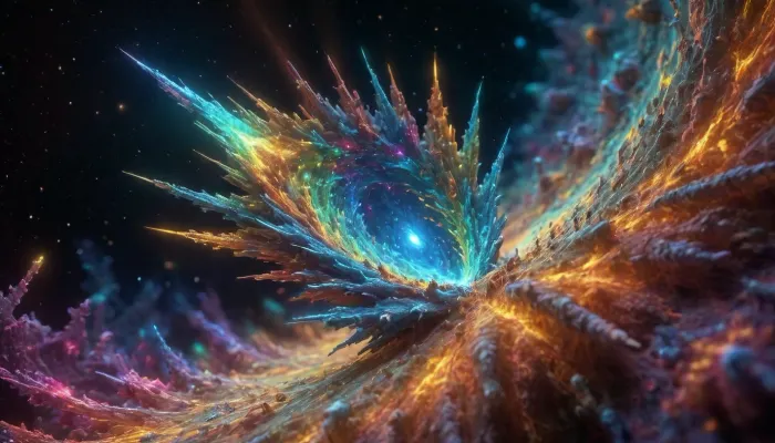4d microscope macro zoom, (glowing fractal of stars), miracle, rainbow light nestin open universe, orbit, UV, x ray storm, rainbow fire, rainbow air, rainbow earth