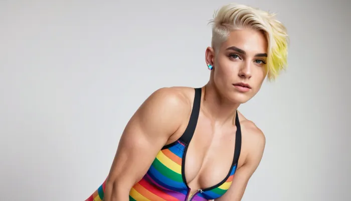 queer non-binary masculine androgynous girl, muscular, very short shaved blonde hair with undercut, piercings, ((full-body view)), sexy outfit, high contrast, high quality details, ((smooth armpits)), one-piece swimsuit, veins, masculine jaw, dominant, white plain background, huge fake boobs, gay pride rainbow colors