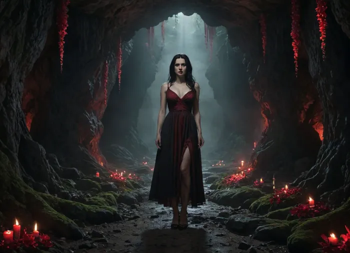 Woman. Forty years old. Large breasts. Sagging breasts. Enormous breasts. Milky breasts. Large nipples. Dark nipples. Exposed nipples. Thin waist. Narrow waist. High waist. Wide hips, big butt. White skin. Milky skin. Black hair. Long hair. Big eyes. Red eyes. Woman in a dress. Torn dress. Dress with holes. Knee-length dress, full at the bottom, black and red, deep neckline, protruding breasts. Witch. Woman standing, legs apart, arms outstretched. Woman deep in a cave. Woman in the distance. Woman in the background. Large cave. Lots of space. Gloomy cave. Stalactites in the cave. The cave is full of moss and glowing flowers. Red flowers. Purple flowers. White flowers. Candles in the cave. Floating lights. Lots of lights., Dark, dreams, Eerie, reality, Horror, Darkness, <lora:DDXL:.8>