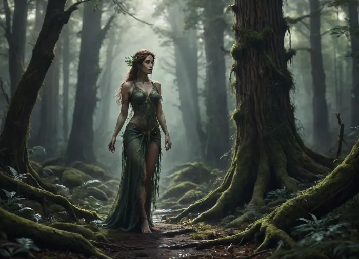 Watercolor painting of a dryad standing in a tranquil forest glade, viewed from a medium distance. Her form is partly made of living wood — smooth bark blending seamlessly into soft, human-like skin with hints of green and gold. Gentle sunlight filters through the forest canopy, scattering warm rays across her and the moss-covered roots around her feet. The scene feels serene and alive, filled with subtle mist and delicate brush textures. Ethereal atmosphere, soft colors, fine art illustration, SFW, painterly composition, nature spirit theme., Dark, dreams, Eerie, reality, Horror, Darkness, <lora:DDXL:.8>