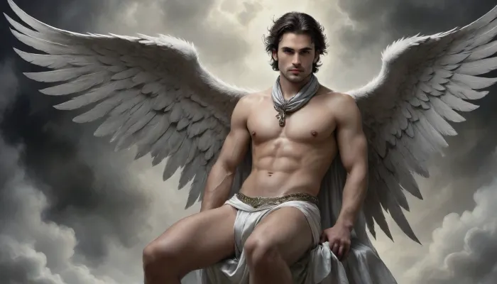 A very detailed nude, sexy, masculine male angel with detailed huge white angel wings sits lasciviously on a cloud, (a bulging silk scarf over the hips:1.4), perfect hands, perfect face, perfect legs, perfect feet, perfect cock, longing view, silent smile, from, below, shoes, delicate, detailed, eyes, Gustave, Doré, Style, page, Black, and, white, art, black, pencil, shading, charcoal, drawing, toned, paper, brutal, dark, b/w, color, scheme, <lora:Cloudy_Style:.5>, <lora:underanglexl16:1.1>, <lora:Gustave Dore Style:.7>, <lora:Black and white art.V1:1.4>, <lora:bulgev1-beta:.8>