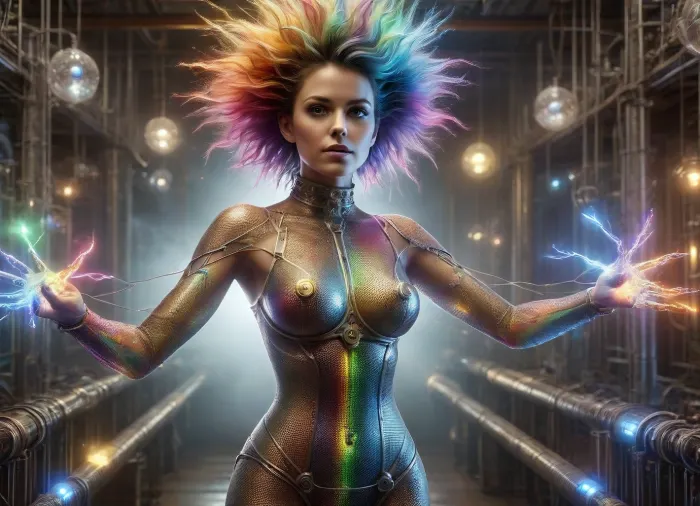 Steampunk, Victorian electrical engineering laboratory, a beautiful woman with spiky hair in a Faraday chainmail suit, a large-mesh wire mesh covering her naked body, devices with large rainbow balls emitting lightning, DonMSt34mPXL, <lora:DonMSt34mPXL-000006:.8>, DonMSp3ctr4lXL, <lora:DonMSp3ctr4lXL-000008:.8>