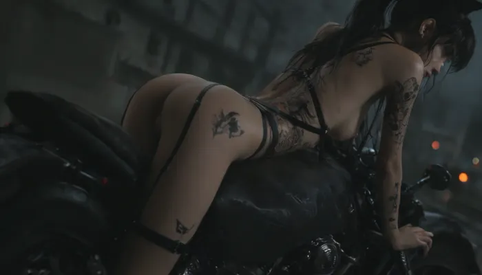 (dark night, future Tokyo city, riding a motorbike, bending over the motorbike), long hair, high single ponytail, very skinny, (very slender), very slim, small ass, cat ears, (black panties, small breasts, black mini skirt), (shows tiny nipples), (young small:1.2), (back view), (open legs), (looking back), (arched back), (big breasts), very short skinny legs in stockings, (tiny waist), very slender, ultra goth, gorgeous petite, (black line tattoo, many black harness straps:1.6), (close up half body top front view, Dutch Angle, dynamic composition, face view, panties view), <lora:style_lora_realis:.7>, <lora:dark:.2>, <lora:sdxl_lightning_4step_lora:.8>, <lora:detailed_notrigger:.8>, <lora:lora-sdxl-perfect-eyes:.8>
