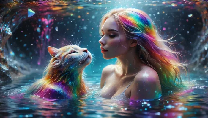 scuba scenario, two hot young diving topless lesbian, 19 years old girls kissing passionately deep under water, (kissing passionately:1.6), (touching passionately:1.3), (dynamic physical love:1.7), (pure lust manifests itself in sexually emphasized movements:1.5), realistic matte skin, skin texture visible, (perfect long detailed nipples:1.4), (high quality), perfect hands, perfect faces, first blonde girl with very small tits kissing second brunette girl, (kissing), caressing, sensual, into a huge water filled underwater cave, realistic floating blonde hair under water, perfect slender body, passionate look, (diamond cave:1.3), (the walls glitter with millions of diamond shards on the walls:1.7), Sunlight breaks through small holes in the cave ceiling into the cave, the image concept could have come from a dream, the image parameters ensure a dreamy, soft design, ocean, fantasy, under the sea, outdoors, photography, (a magical bioluminescent underwater world:1.7), (Hair and bodies flowing in zero-gravity:1.4), (zero-gravity:1.3), hands brush, (lesbian oral sex:1.6), (and glowing creatures cast soft:1.5), (rainbow light across their skin:1.6), Ethereal plants drift around them. Cinematic lighting, ultra-detailed, 8k, hardcore erotic, dreamlike, intricate detail, highly detailed, breathtaking, panoramic, cinematic, (3D, Framed, Woman), Cat, Skull, Flowers, Bird, Macabre, psychedelicai, Colorsplash, DonMSp3ctr4lXL, <lora:MJ52:2>, <lora:psychedelicai-SDXL:2>, <lora:SDXLPaintSplash:.8>, <lora:DonMSp3ctr4lXL-000008:1.8>, <lora:attractive_notrigger:.1>