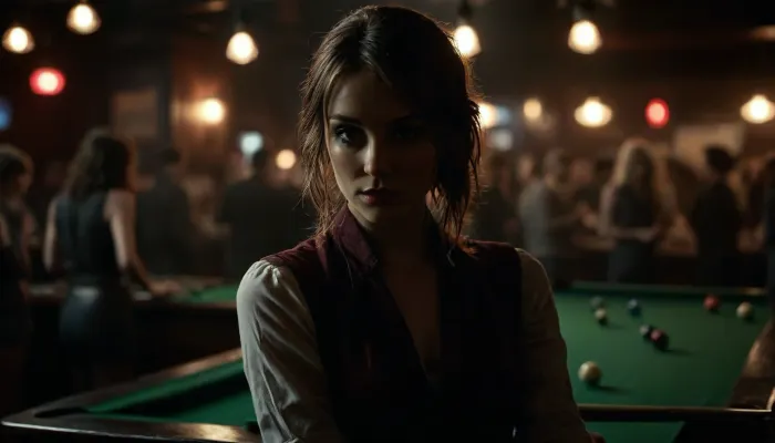 Androgynous, athletic 22-year-old woman playing billiards in a smoky bar. Perfect cue posture, short skirt slightly lifted from movement, (non-explicit), low camera angle at ball height, warm neon bar lights, cinematic smoke, detailed hands, gritty atmosphere, 8k, crowd, of, people, FRESHIDEAS, Real, Photography, 2#, <lora:FRESHIDEAS Real Photography 2#:.8>, <lora:crowd_notrigger:.8>, <lora:MJ52:.8>, <lora:attractive_notrigger:.2>, <lora:dark:.1>
