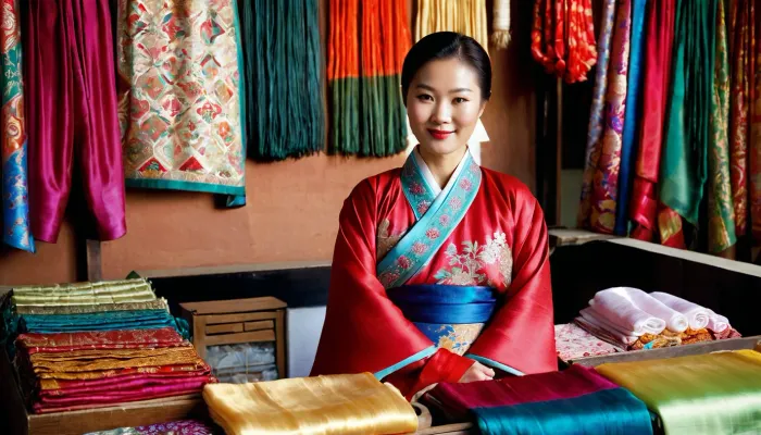 Early in the morning, at dawn, a beautiful smiling Korean woman—a silk seller, wearing a traditional red and turquoise hanbok, (1.1), (embroidery:1.05), (short black hair combed back:1.1), red lip gloss, realistic eyes, close-up — stands behind the counter in an open pavilion, she has laid out expensive multicolored silk fabrics on the counter, (Colorful, (scrolls and fabrics:1.1), handmade, (hanging and folded:1.1), in the background and on the counter:1.2), (Bright silk fabrics:1.1), (against the backdrop of an Asian market:1.4), with Asian flavor}, (Bright, saturated colors:1.05), warm and cozy atmosphere, bokeh, (soft diffused lighting:1.05), (depth of field:1.05), photography, highly detailed.